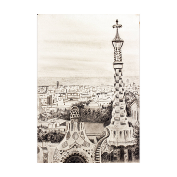 DESSIN AU FUSAIS DE BARCELONE VUE DU PARC GUELL. PAYSAGE URBAIN DE BARCELONE.