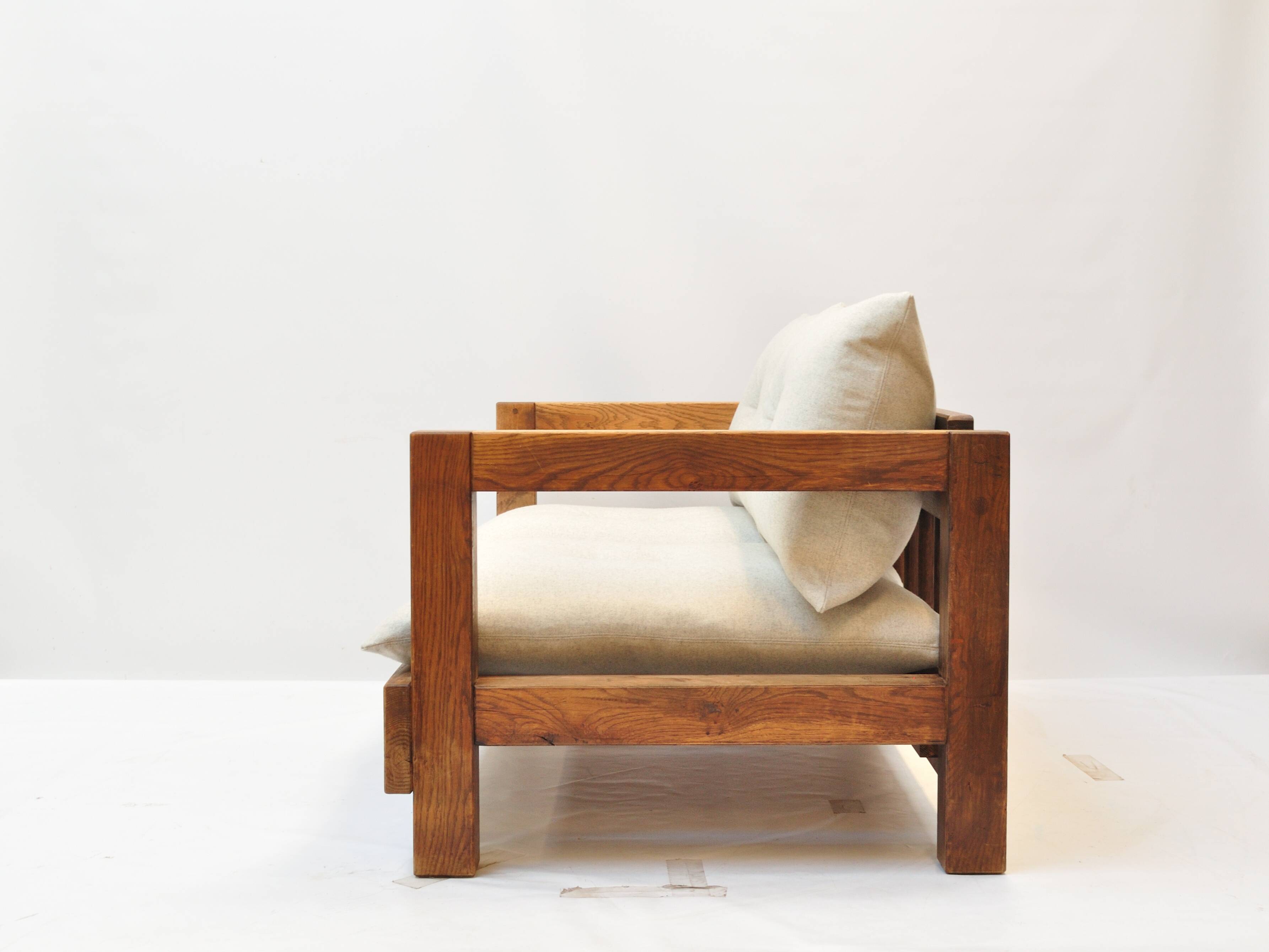Solid oak seating ensemble rebuilt in 100% virgin wool — two sofas and loun