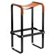 Contemporary bar stool in smoked black metal and natural tobacco leather.
