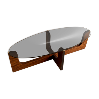 Oval coffee table with smoked glass top and wooden base