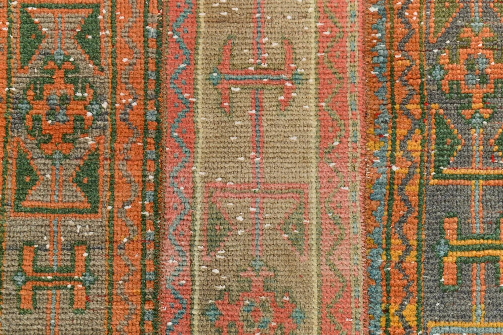 2x9 Vintage Coral Orange & Green Turkish Runner Rug, 70x275Cm