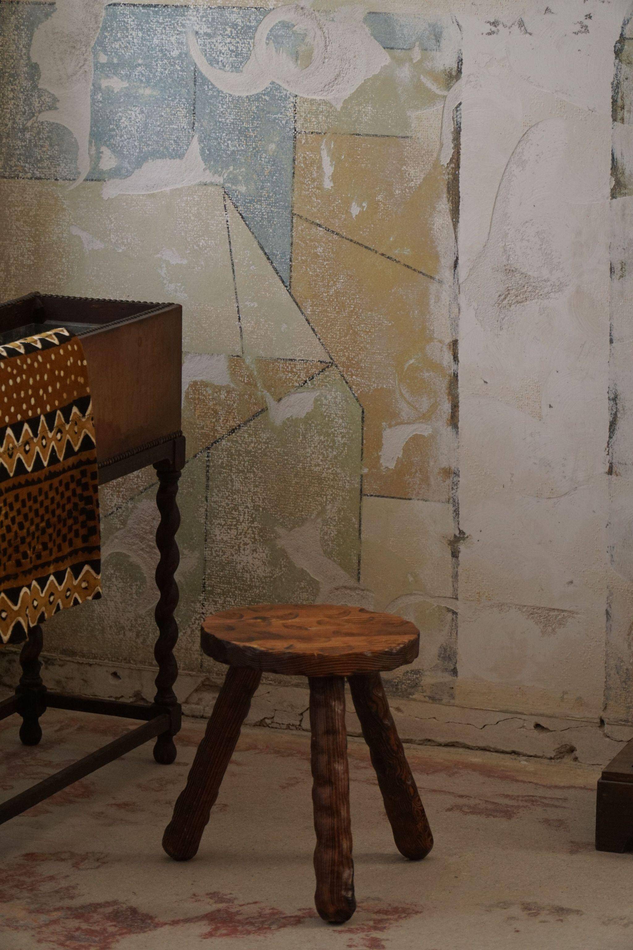 A pair of Wabi Sabi stools carved from pine, mid-century modern Swedish style, 1960s.