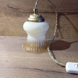 Vanilla caramel ruffled tulip portable lamp, linen cord