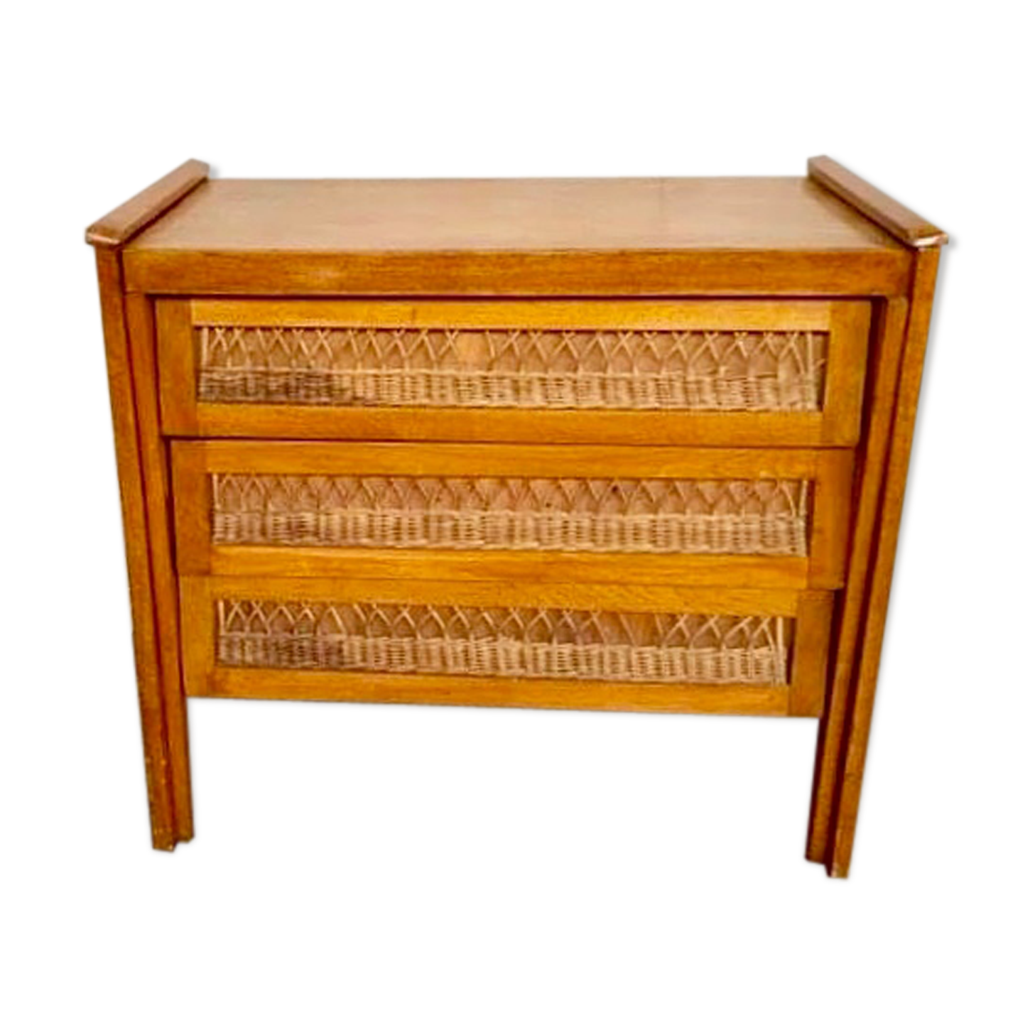 Modernist vintage chest of drawers in light chene has 3 drawers rattan top changing table