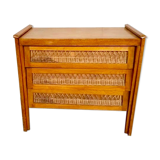 Modernist vintage chest of drawers in light chene has 3 drawers rattan top changing table