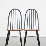 Set of 4 vintage wooden design chairs with black spindle backrest and brown seat