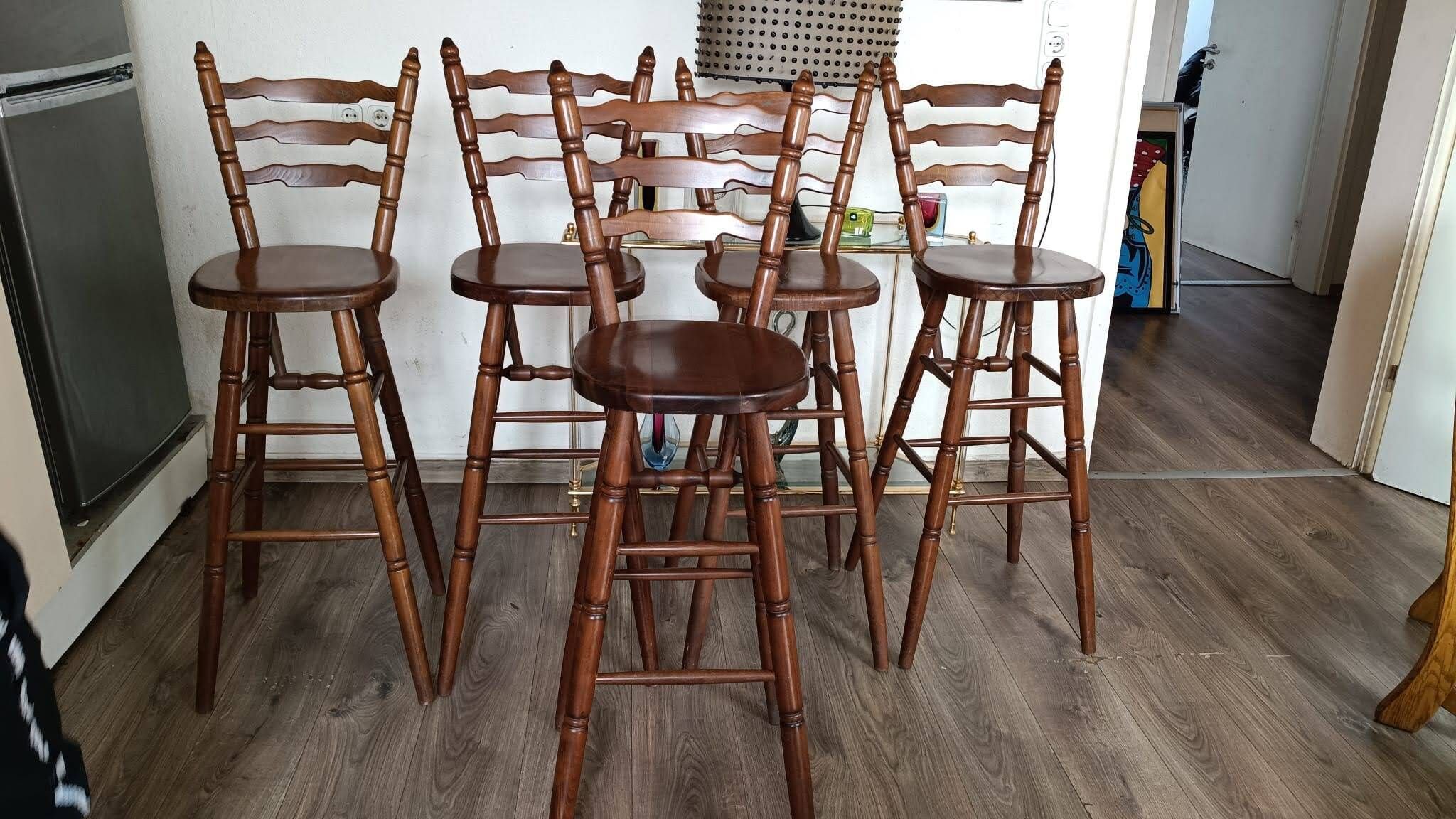 Set of 5 Solid Wood Bar Stools – Bistro / Country Chic Style