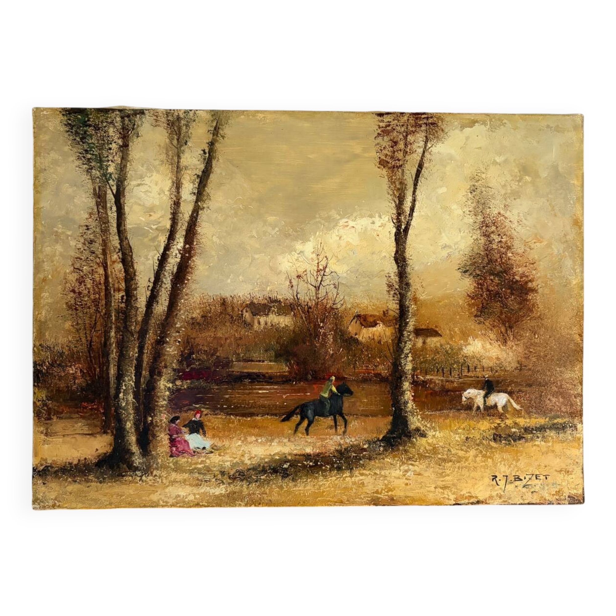 Romantic landscape with horses, oil on canvas signed R Bizet.