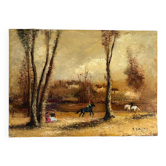 Paysage romantique aux chevaux, huile sur toile signé R Bizet
