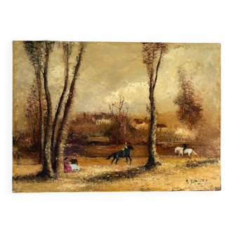 Romantic landscape with horses, oil on canvas signed R Bizet.