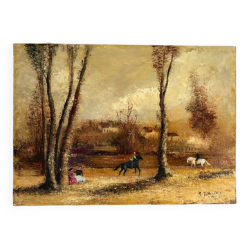 Romantic landscape with horses, oil on canvas signed R Bizet.