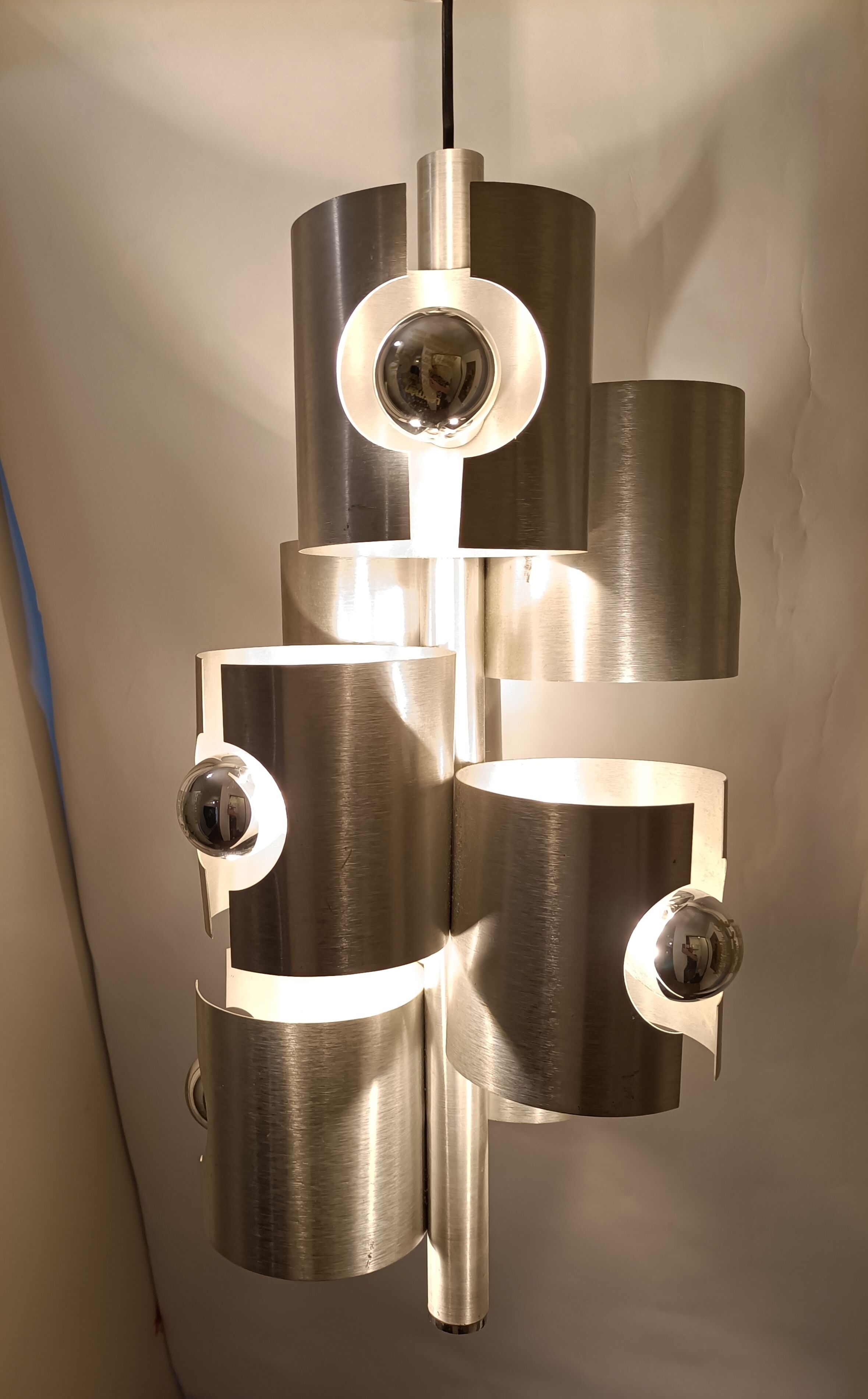 Chandelier with 7 lights in brushed aluminum, Italy 1970 Vintage