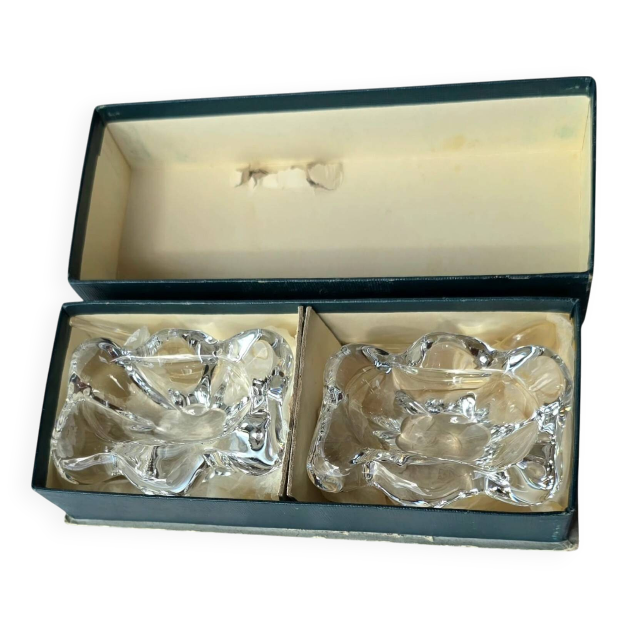 Pair of crystal salt shakers and glass spoons signed Daum Cristal