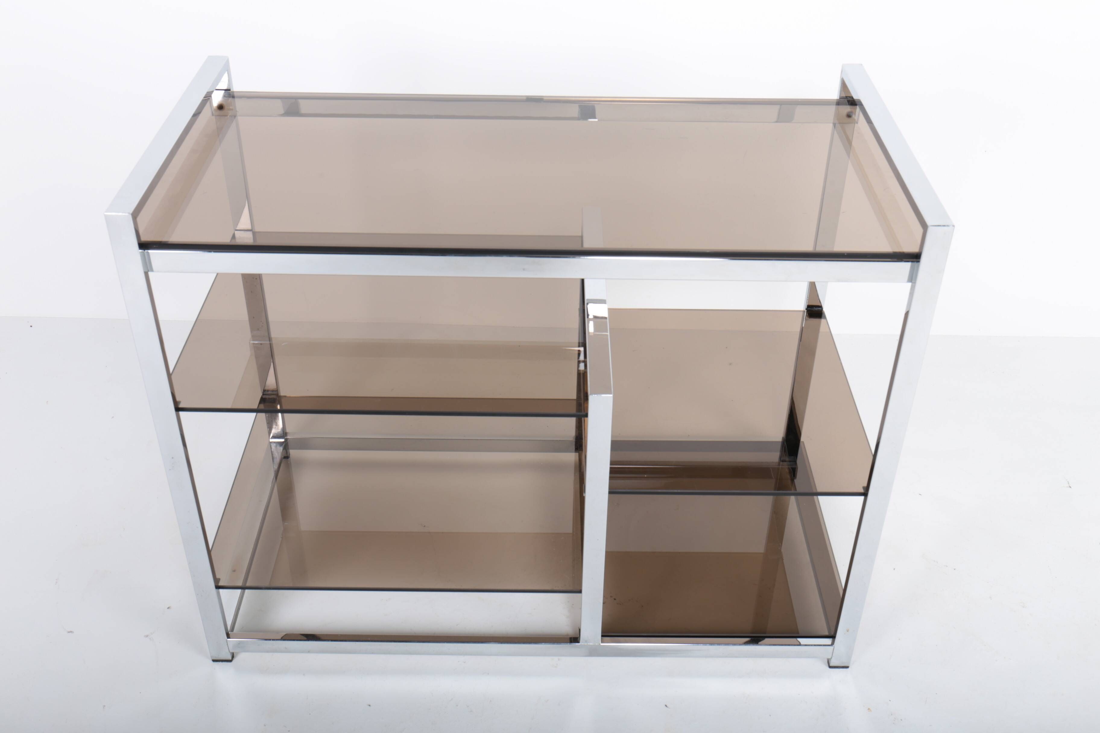 Vintage hifi or TV unit in chrome steel and smoked glass