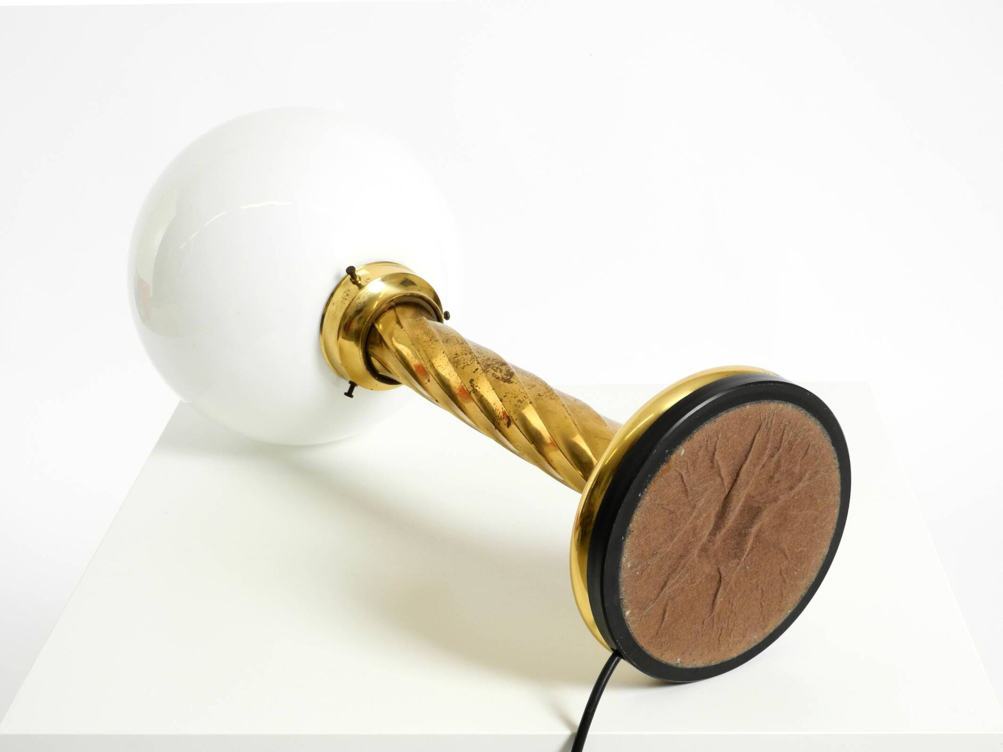 Large 1960s brass column-style table lamp with frosted glass globe