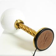 Large 1960s brass column-style table lamp with frosted glass globe