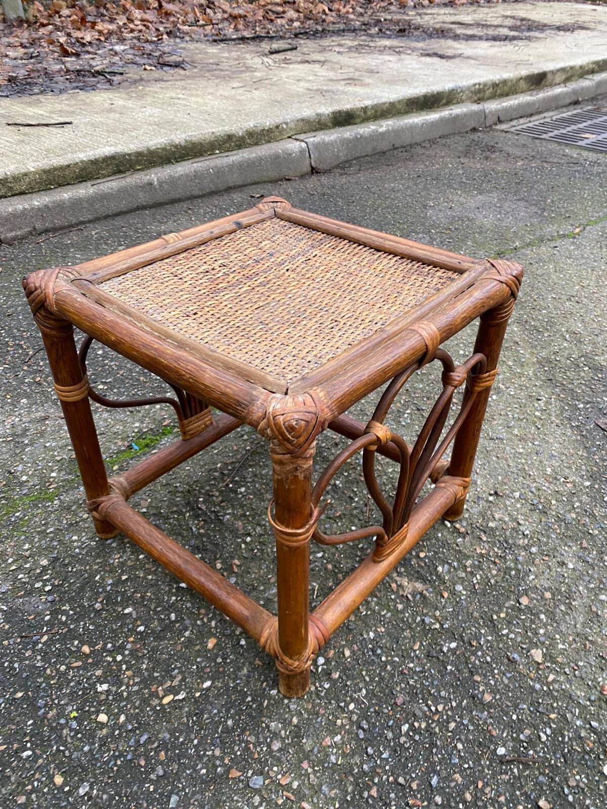 Vintage square stool in bamboo, rattan, and wicker.
