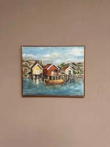 Mid-Century Oil on Canvas “houses with Boat” by Unknown, Vintage & Framed