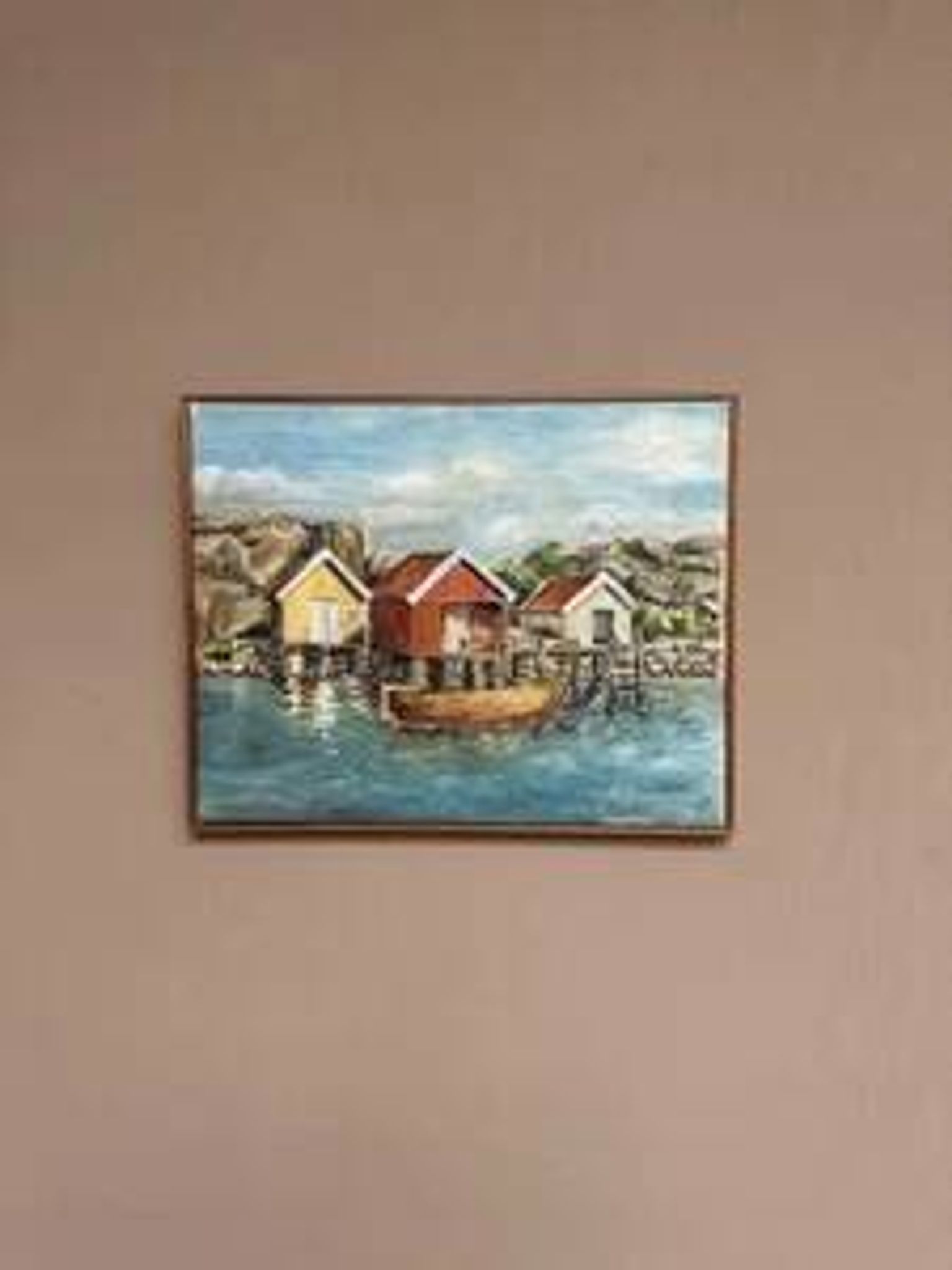 Mid-Century Oil on Canvas “houses with Boat” by Unknown, Vintage & Framed