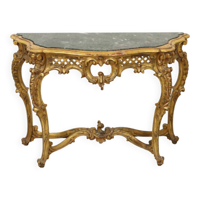 Console de style Louis XV en bois doré à la feuille d'or et marbre.