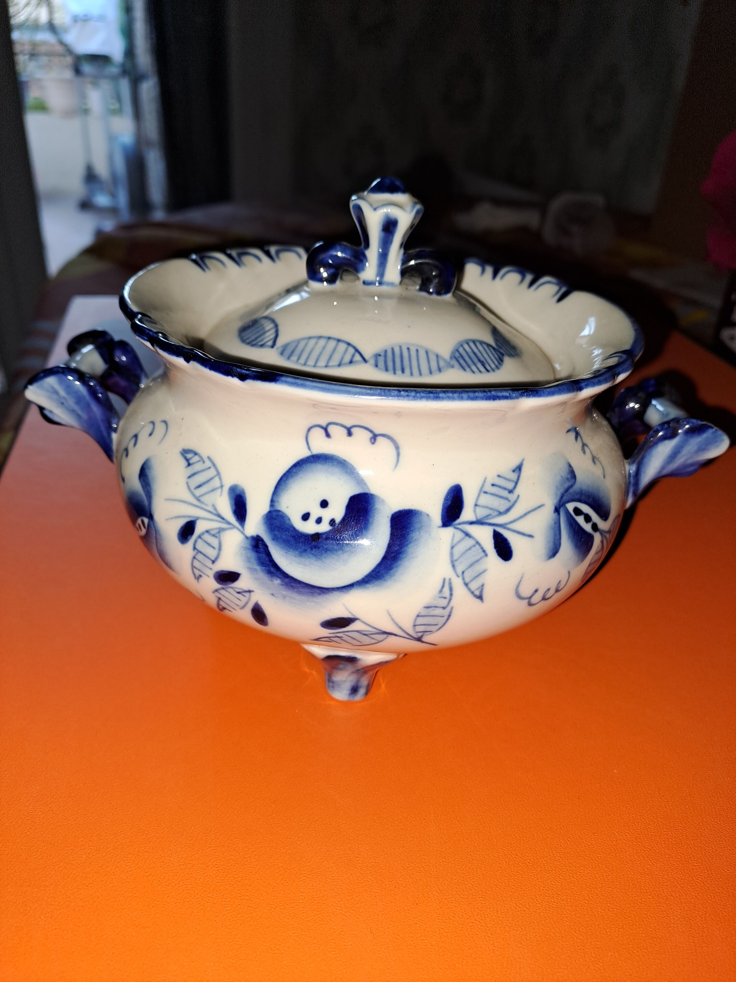 Vintage Gzhel porcelain sugar bowl