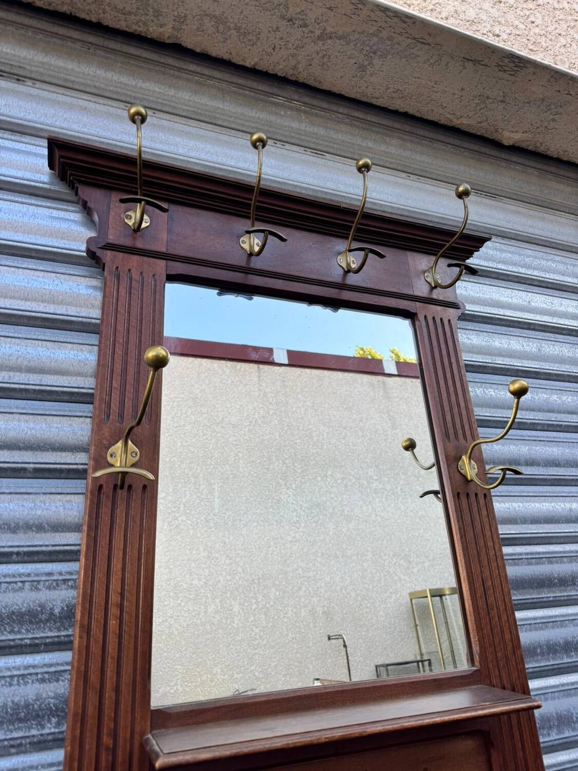 Antique hall coat rack – mirror, hooks & umbrella stand