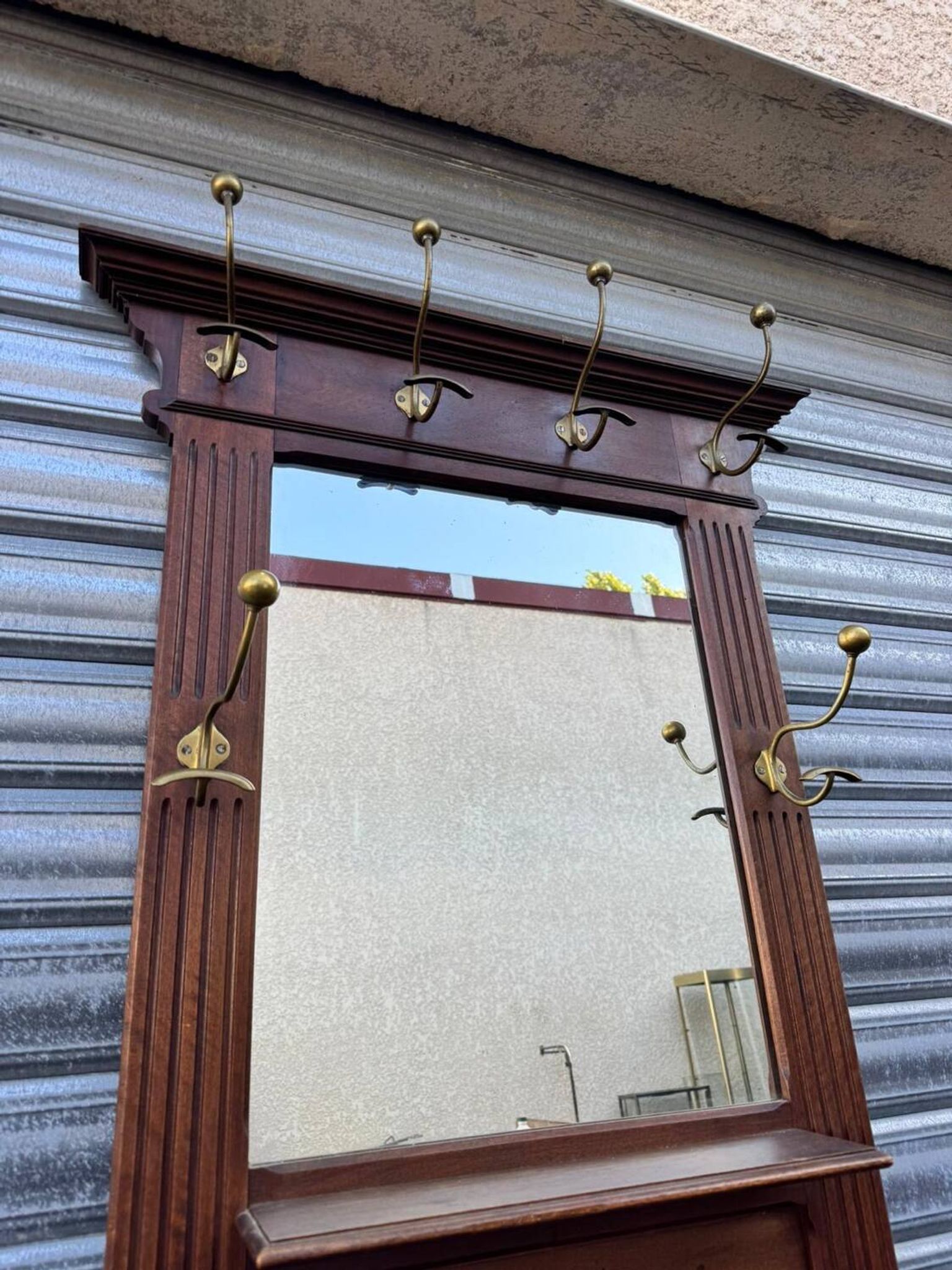 Antique hall coat rack – mirror, hooks & umbrella stand