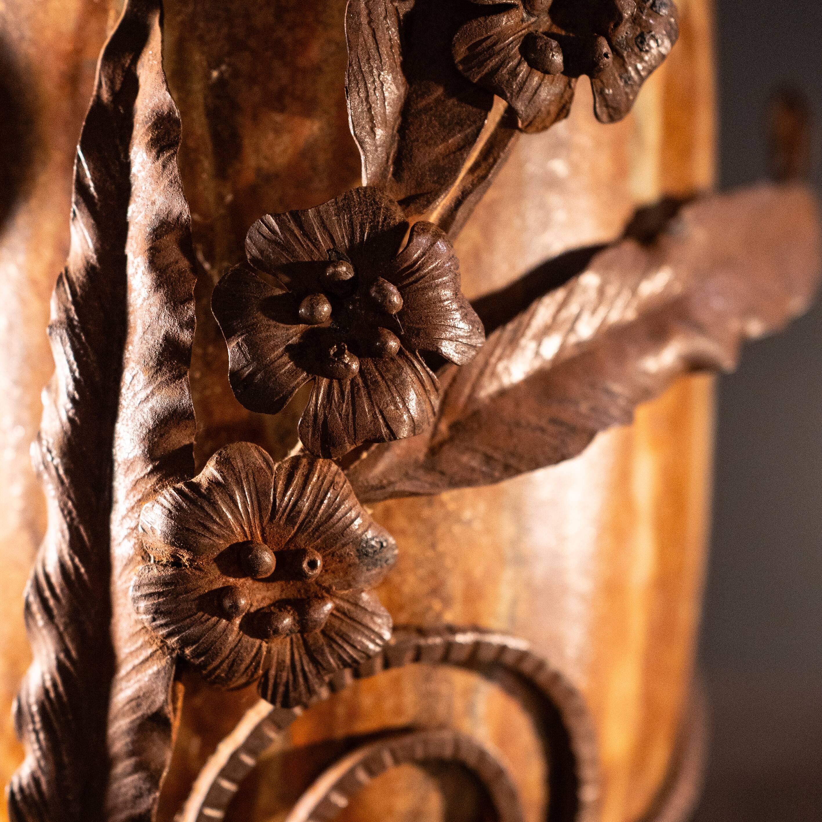 stoneware shell vase, wrought iron frame, roger guerin & francois carion, bouffioulx ca 1920