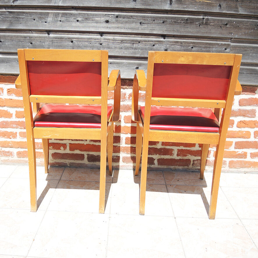 2 anciens fauteuils bridge bois & skai rouge