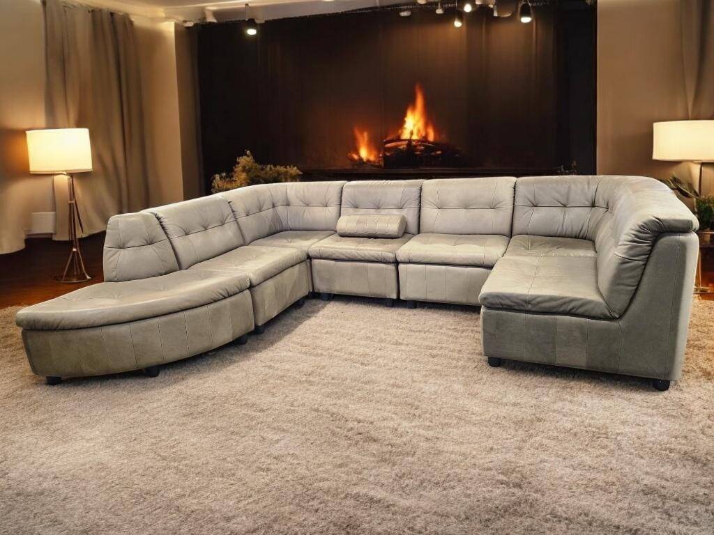 Vintage modular corner sofa in leather, 7 pieces