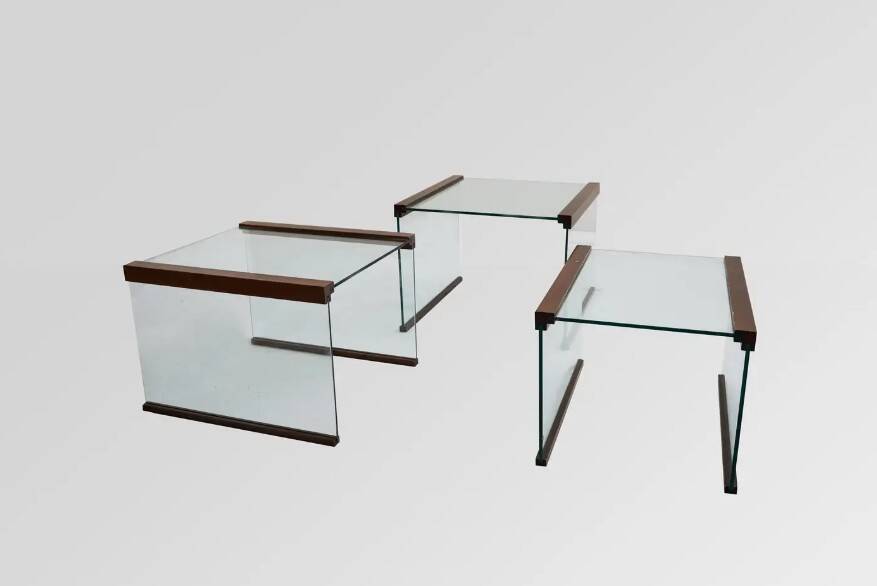 Set of 3 nesting tables in tempered glass and rosewood, Gallotti