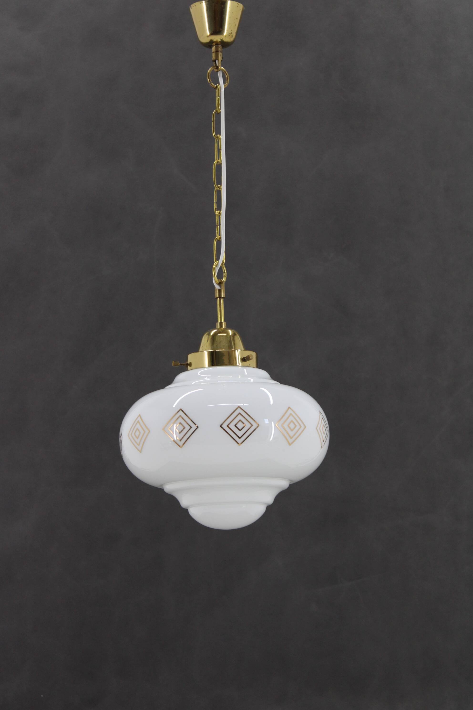 1970s Glass Pendant Light with Brass Chain , Czechoslovakia