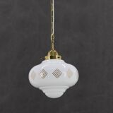 1970s Glass Pendant Light with Brass Chain , Czechoslovakia