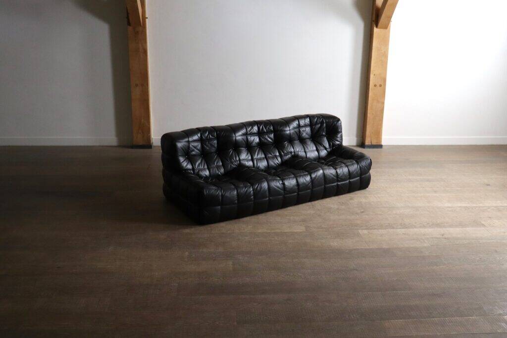 Kashima three seater sofa in black leather by Michel Ducaroy for Ligne Roset, 1970s