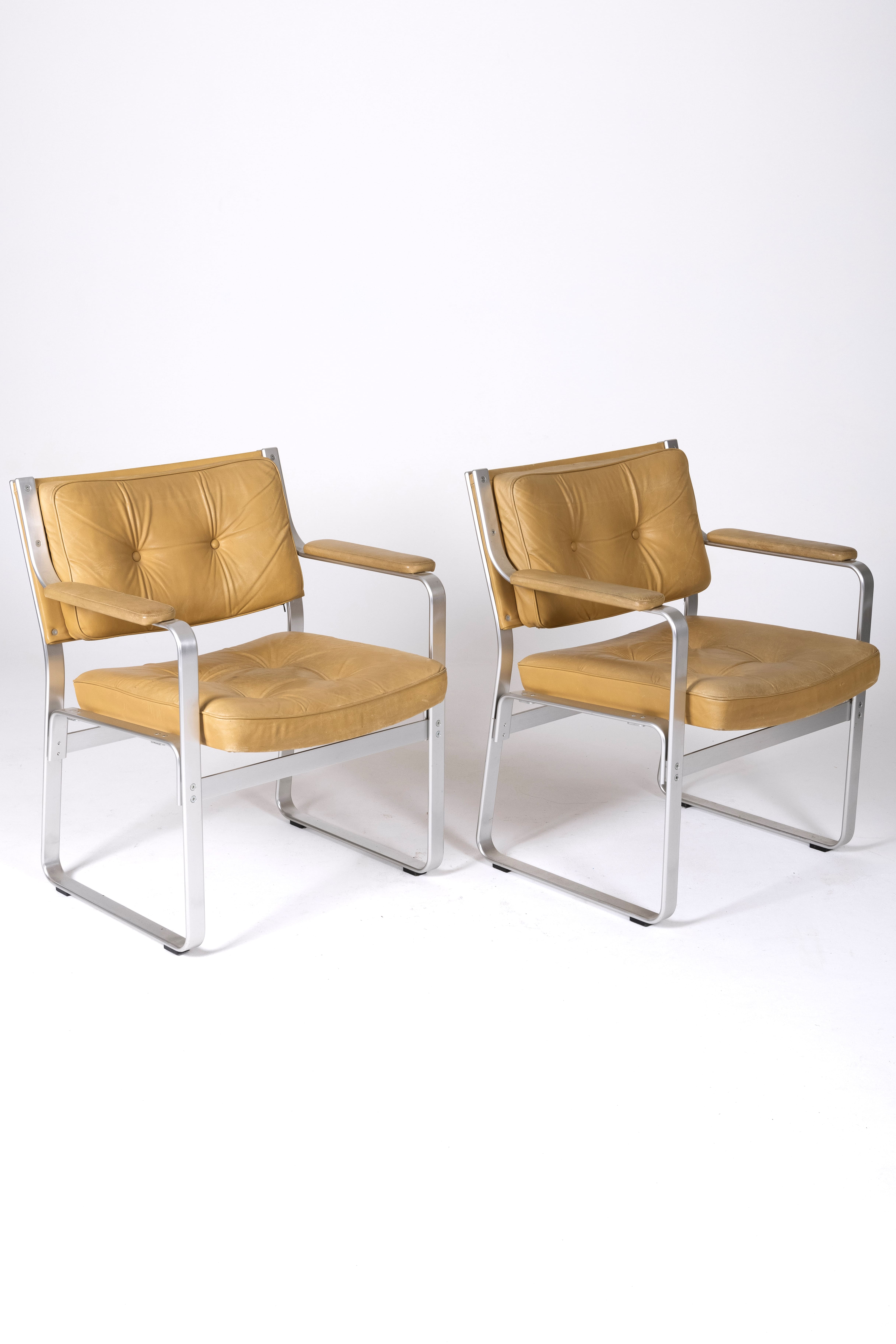 Leather and aluminum armchairs "Karl" by Erik Ekselius, 1960s