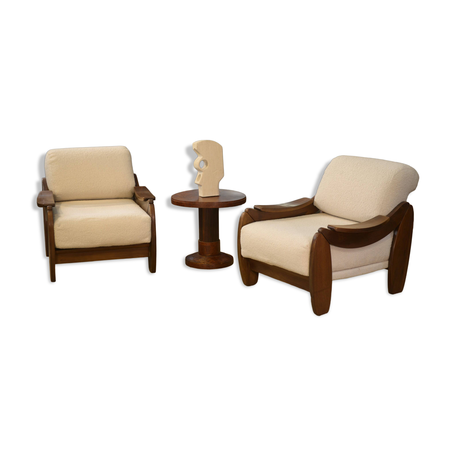 Brutalist pair of armchairs in mahogany and cream boucle 1970s.