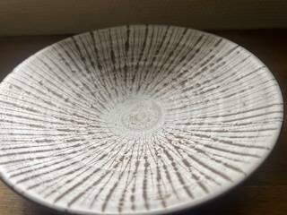 Glazed stoneware soup plate – textured radial decoration – wabi sabi style