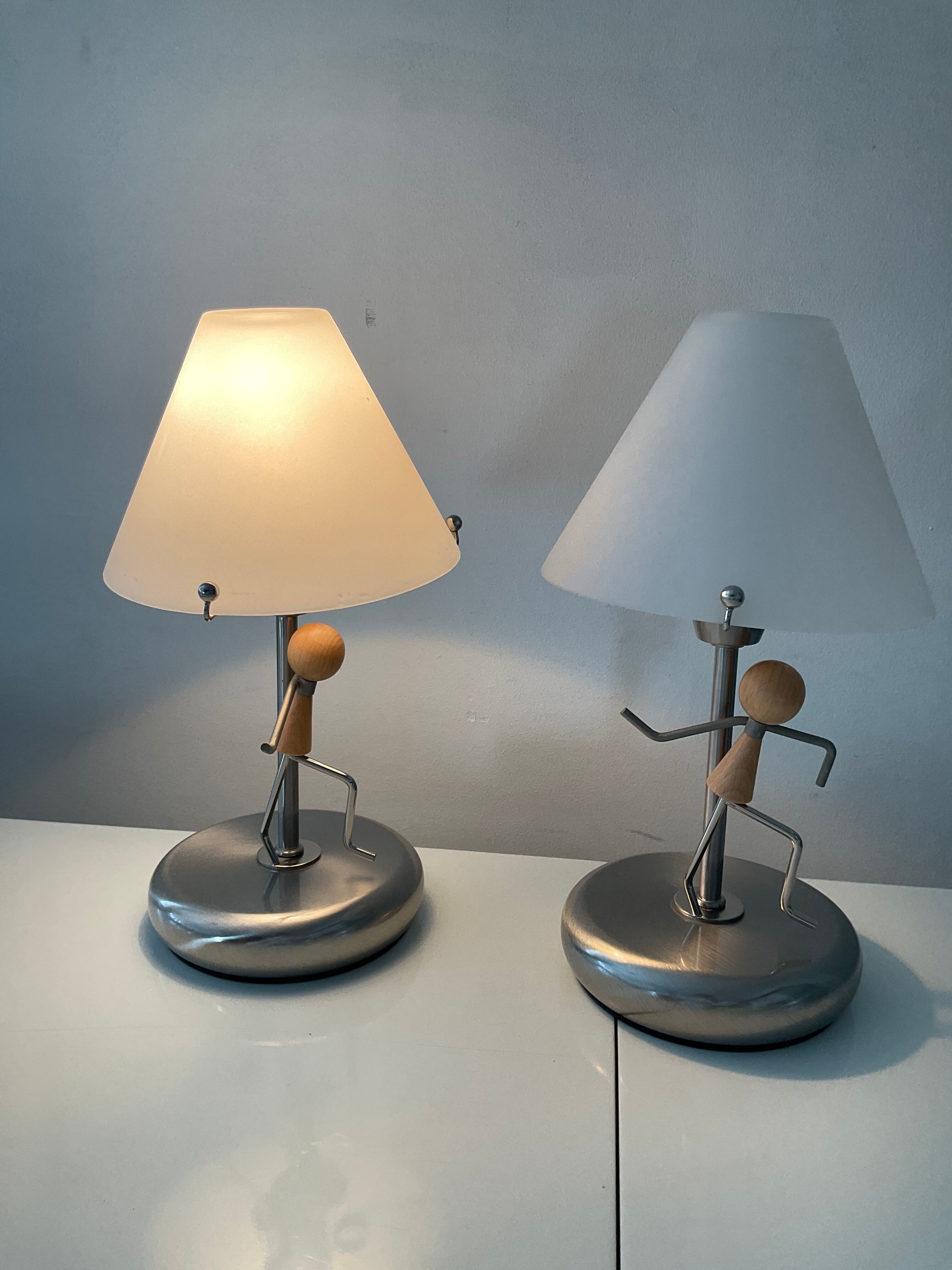 Pair of vintage lamps in wood and chrome metal