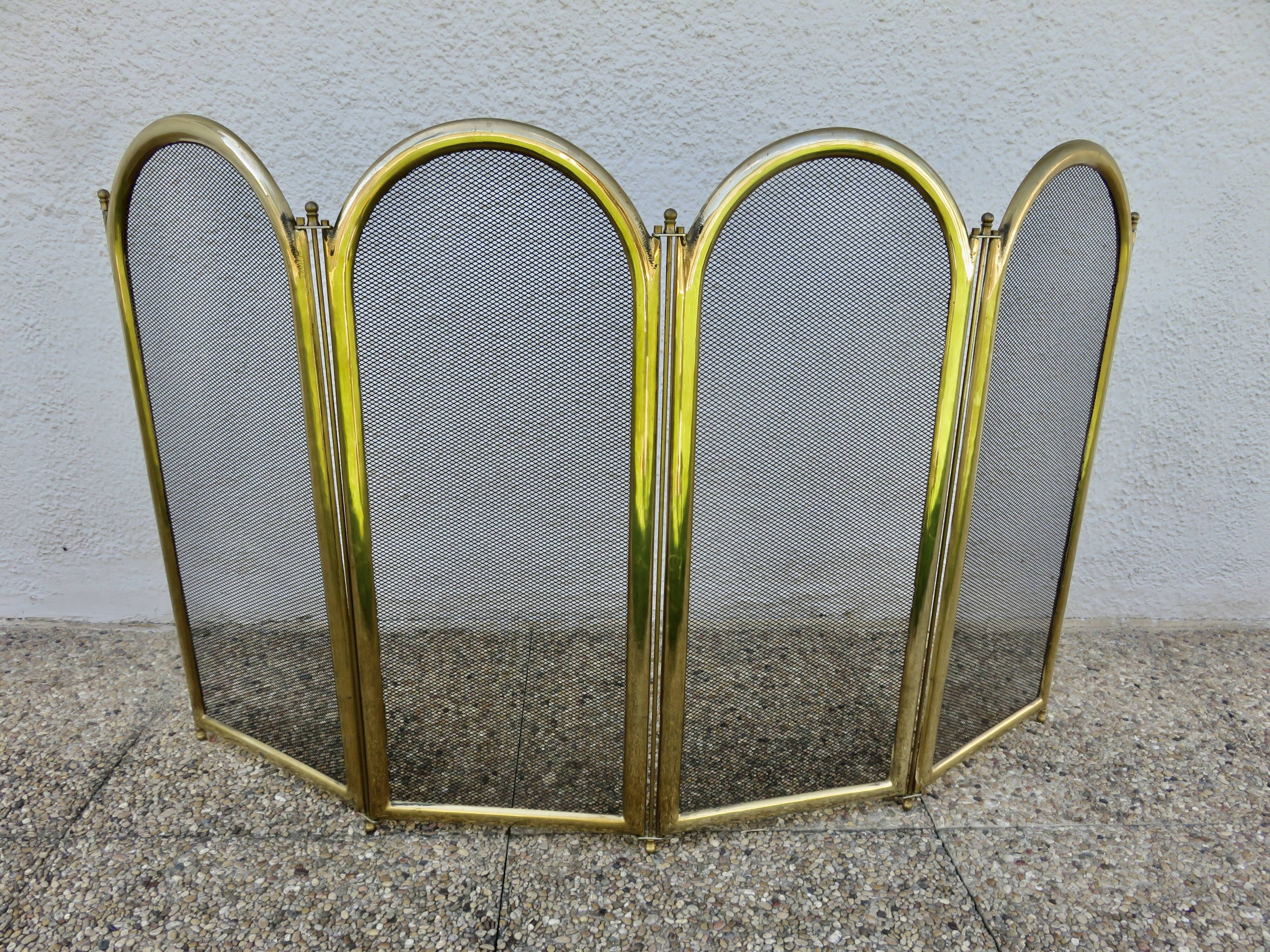 Fireplace screen, spark guard, brass, gilded, 4 panels, 1950.