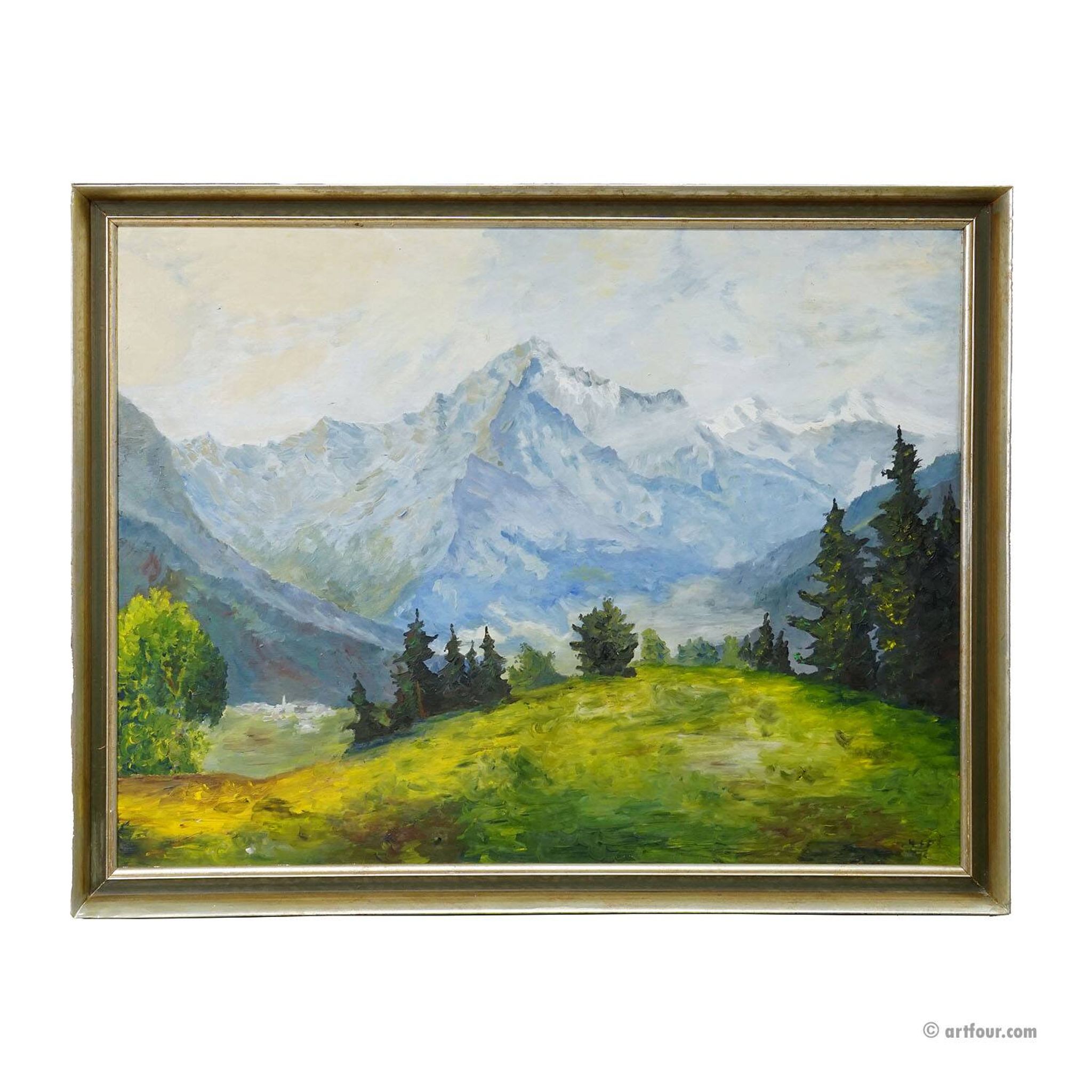Alpine landscape painting with meadow, trees, and mountains.