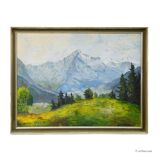Alpine landscape painting with meadow, trees, and mountains.
