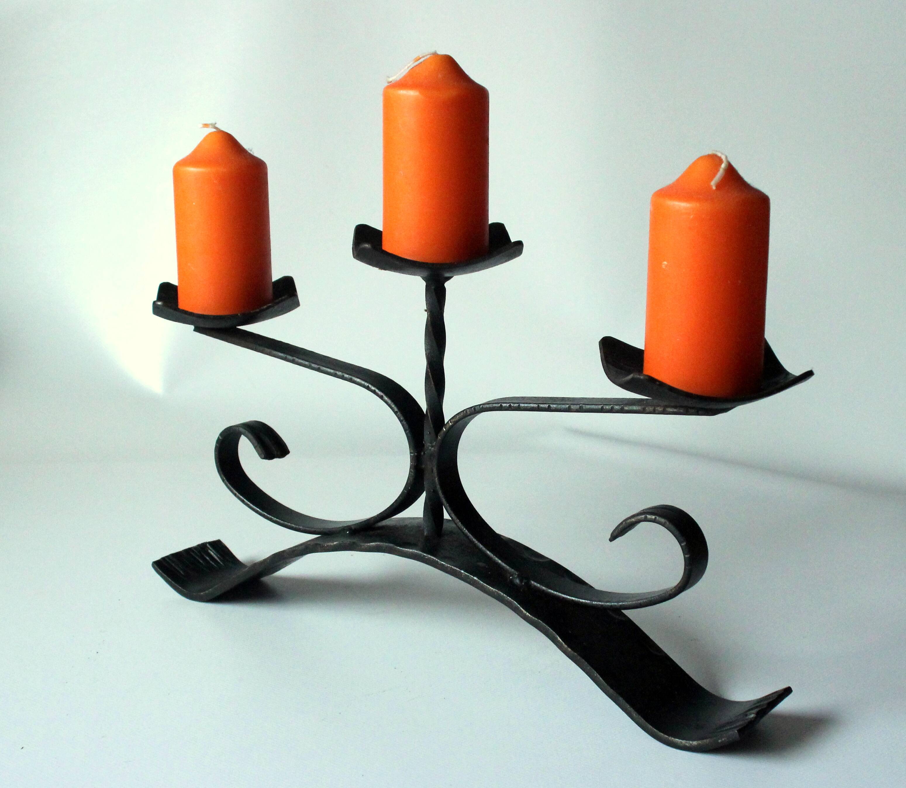Handmade wrought iron candle holder, 3 arms, vintage
