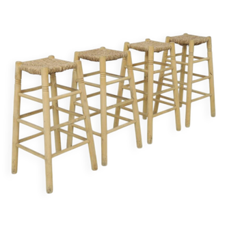 Lot de 4 tabourets de bar avec assise en rotin, années 1970