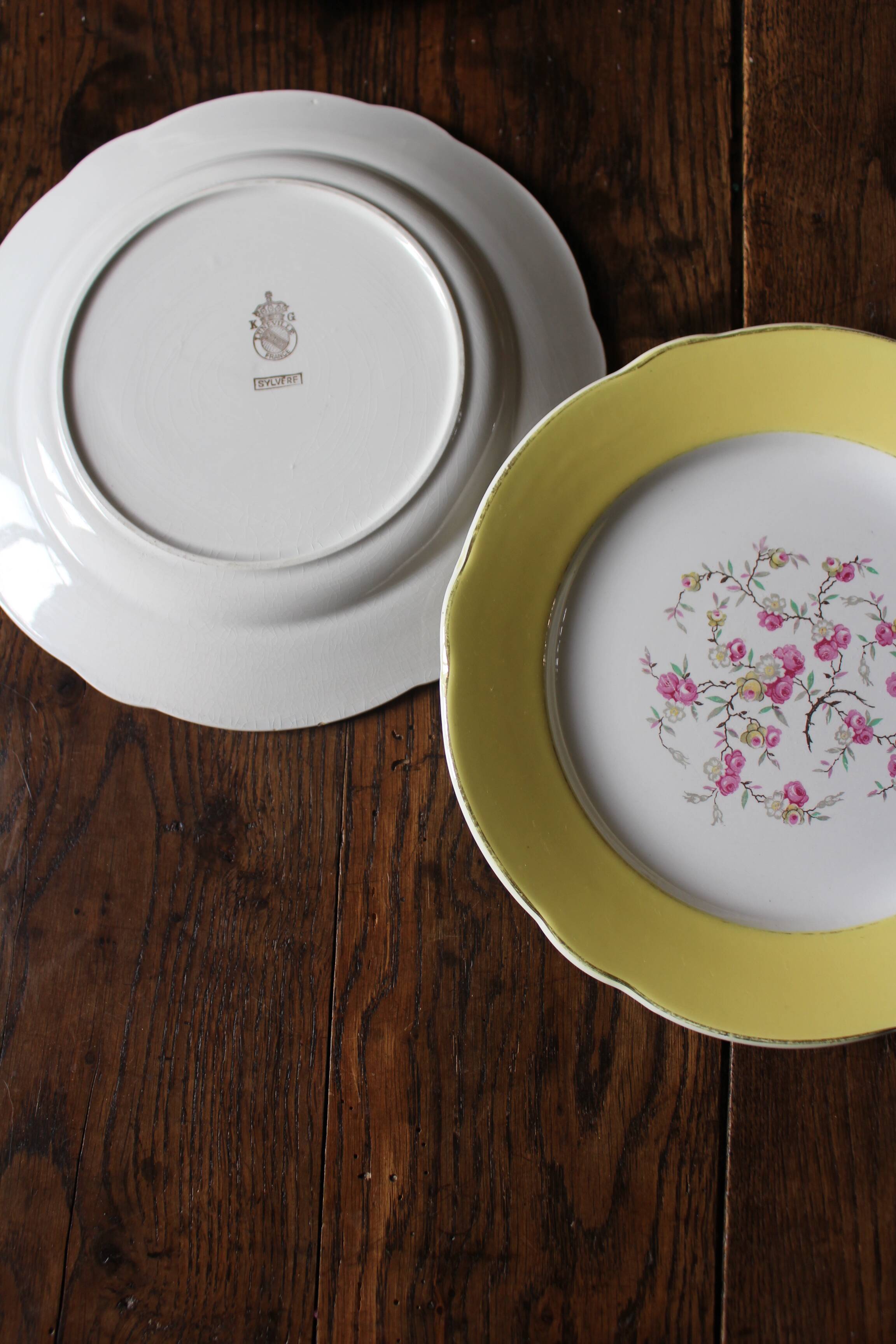 Lot 6 flat plates Flowers Yellow Green Lunéville mismatched