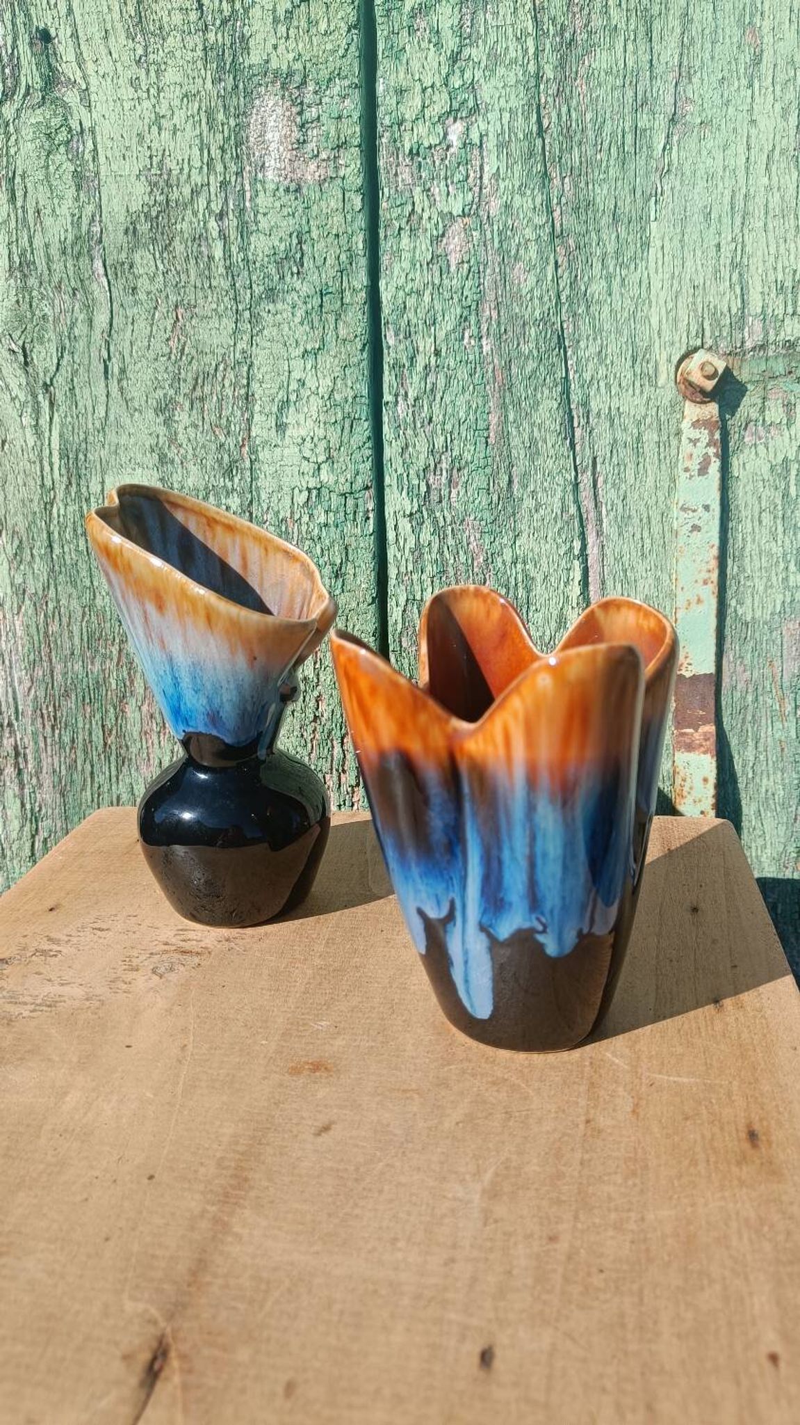 "Pair of vintage glazed ceramic vases – blue flamed glaze – ann"