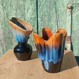 "Pair of vintage glazed ceramic vases – blue flamed glaze – ann"