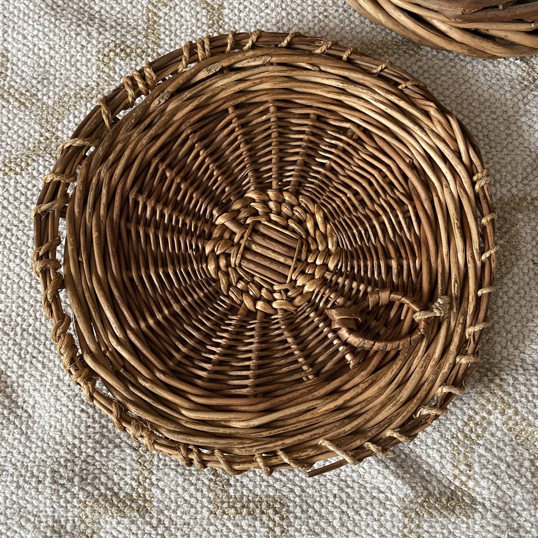 Woven wicker basket, vintage rod holder