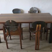 Brutalist 6 chairs and dining table in teak and patinated steel, 1960s