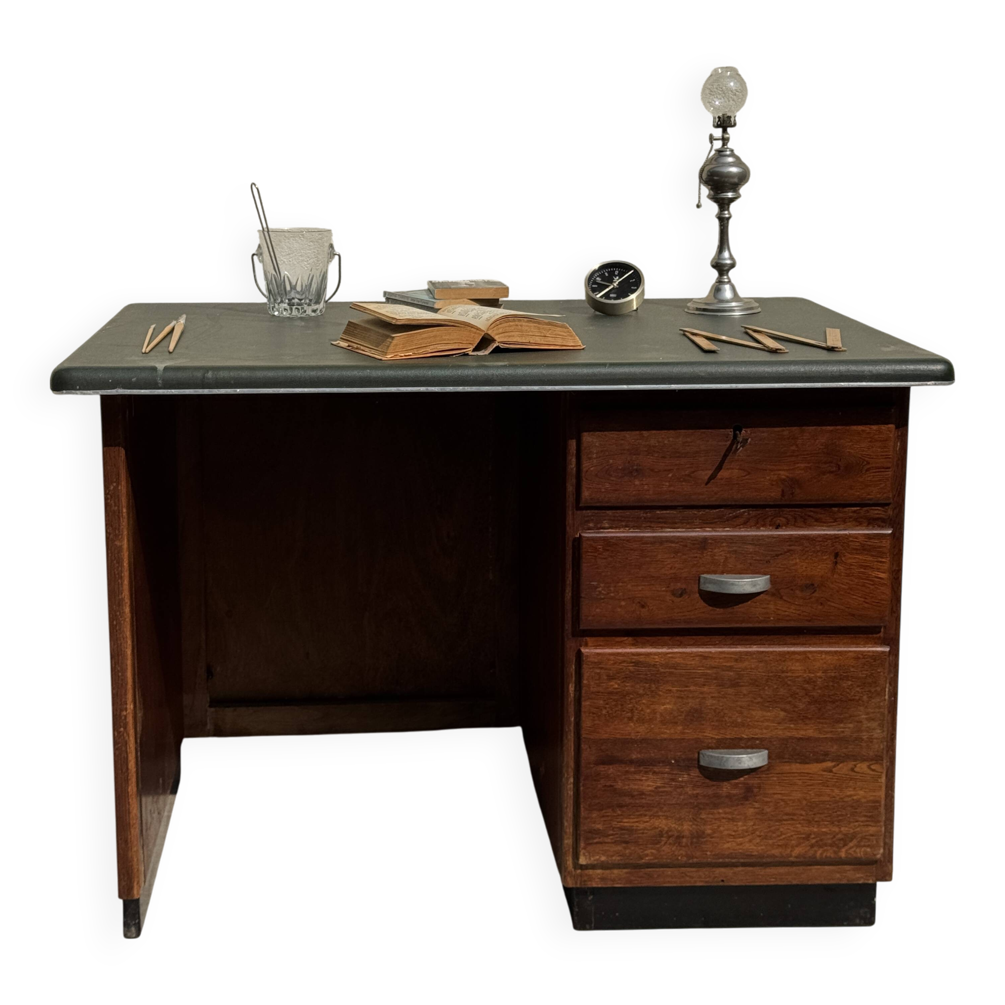 Modernist desk in wood and green moleskin upholstery