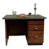 Modernist desk in wood and green moleskin upholstery